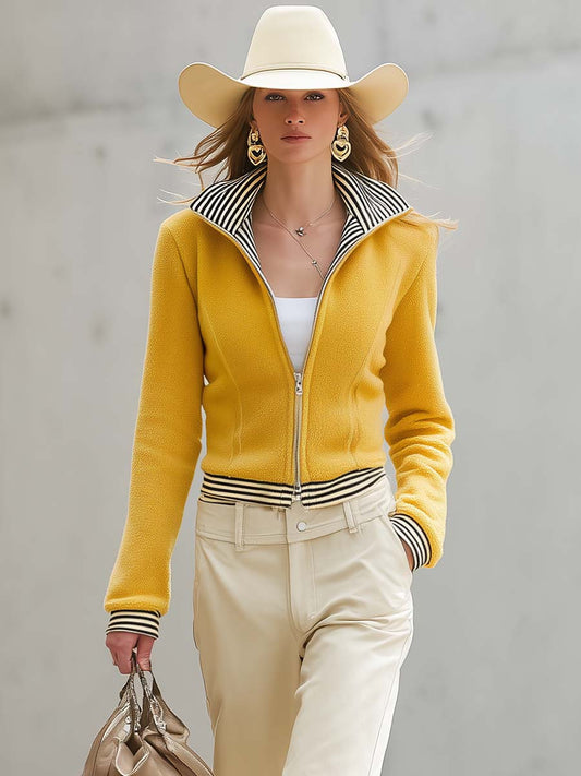 Pina&Noir | Retro Sarı Polar Dik Yaka Çift Fermuarlı Çizgili Detaylı Crop Ceket