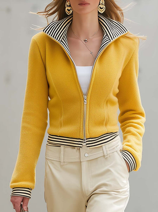 Pina&Noir | Retro Sarı Polar Dik Yaka Çift Fermuarlı Çizgili Detaylı Crop Ceket