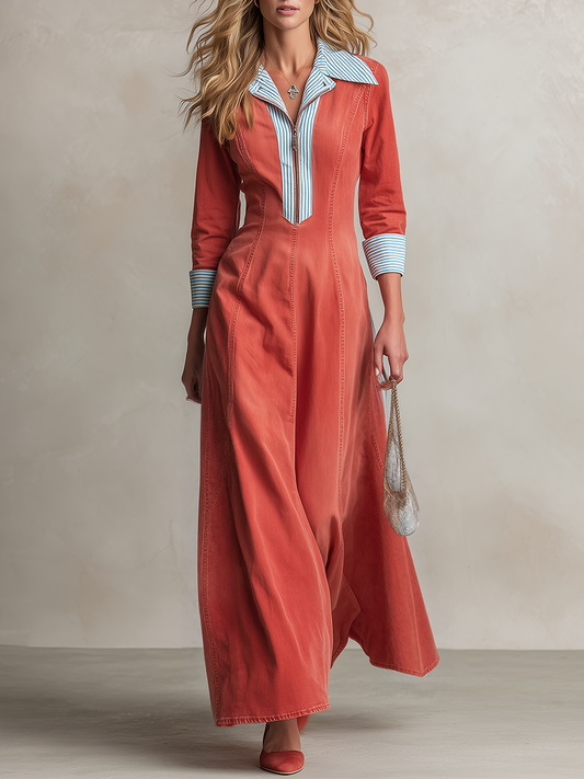 Pina&Noir | Günlük Vintage Mavi-Beyaz Çizgili Kot Maxi Elbise