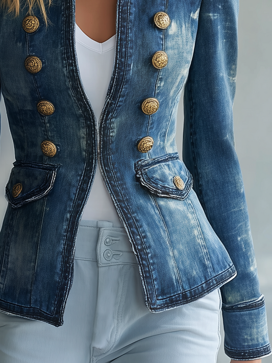 Pina&Noir | Vintage Dik Yaka Kruvaze Altın Düğmeli Slim Fit Kot Ceket