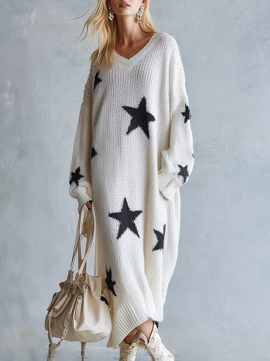 Pina&Noir | Oversize Yıldız Desenli Triko Maxi Elbise