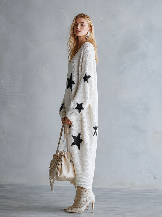 Pina&Noir | Oversize Yıldız Desenli Triko Maxi Elbise