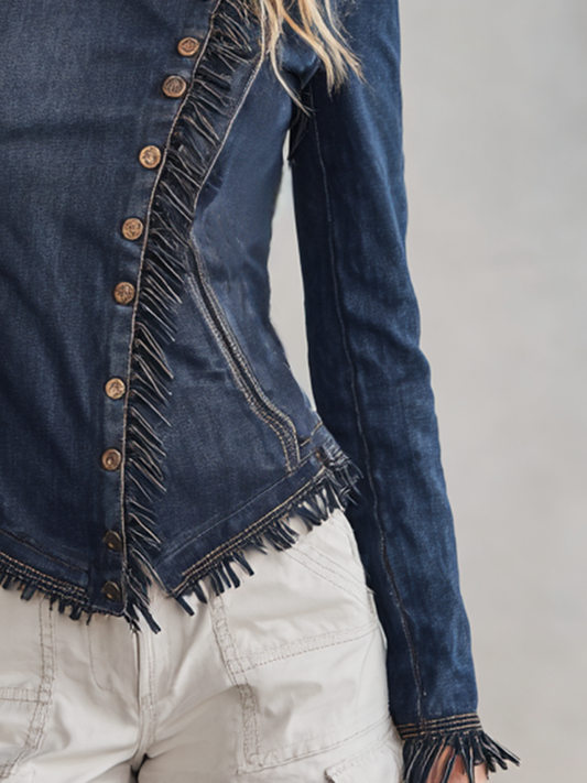 Pina&Noir | Koyu Kot Ceket, Vücuda Oturan Püsküllü Asimetrik Düğmeli Western Stil