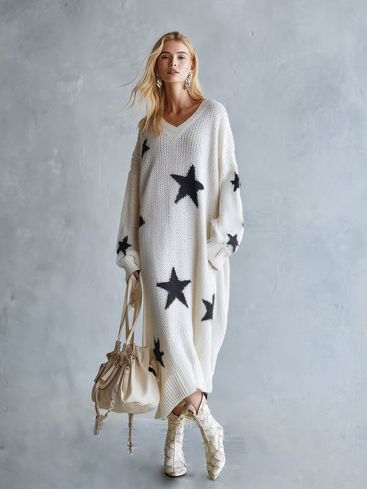 Pina&Noir | Oversize Yıldız Desenli Triko Maxi Elbise