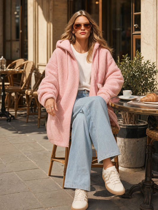 Pina&Noir | Günlük Spor Pembe Polar Fermuarlı Kapüşonlu Mont