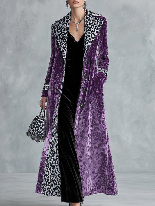 Pina&Noir | Vintage Leopar Desenli Astarlı Koyu Mor Kadife Palto