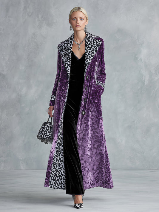 Pina&Noir | Vintage Leopar Desenli Astarlı Koyu Mor Kadife Palto