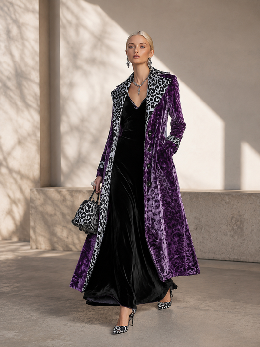 Pina&Noir | Vintage Leopar Desenli Astarlı Koyu Mor Kadife Palto