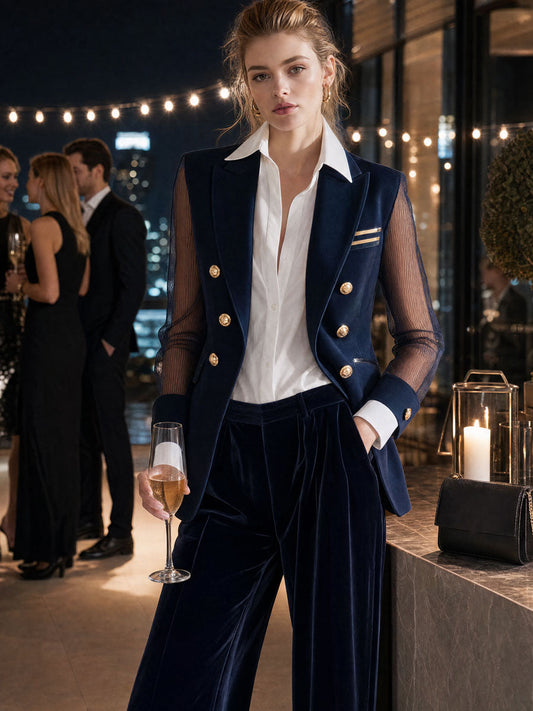 Pina&Noir | Sade ve Şık Lacivert Şifon Kollu Blazer