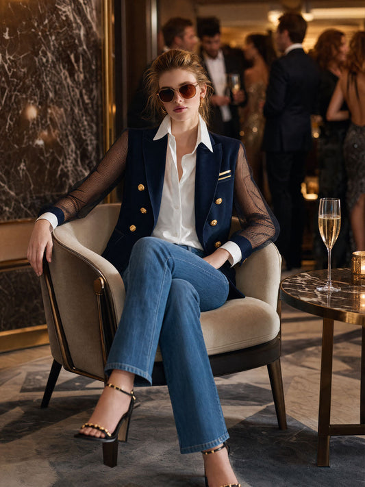 Pina&Noir | Sade ve Şık Lacivert Şifon Kollu Blazer