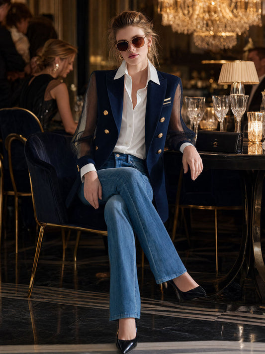 Pina&Noir | Sade ve Şık Lacivert Şifon Kollu Blazer