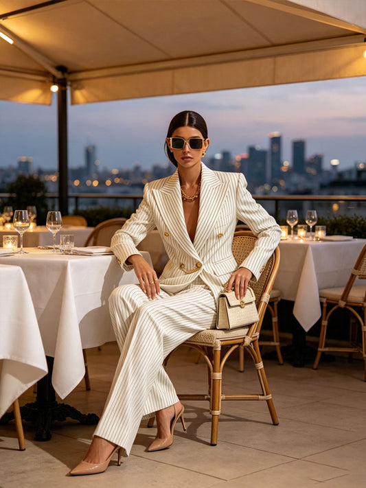 Pina&Noir | Retro Şık Bej Çizgili Kruvaze Blazer