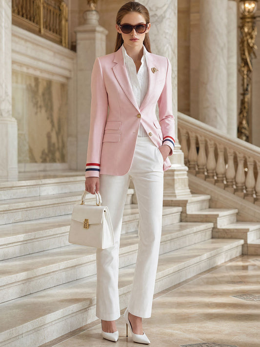 Pina&Noir | Retro Şık Çizgili Kollu Pembe Blazer