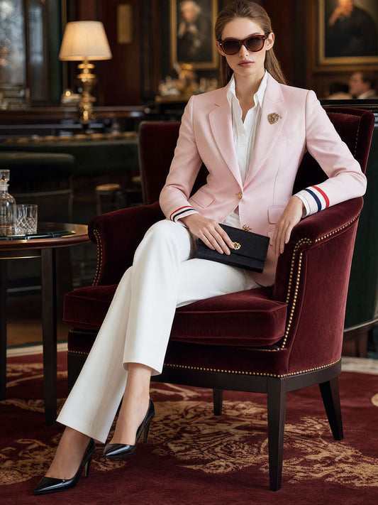 Pina&Noir | Retro Şık Çizgili Kollu Pembe Blazer