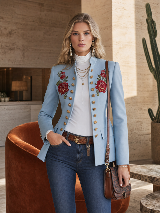 Pina&Noir | Açık Mavi Gül Nakışlı Dik Yaka Altın Düğmeli Vücuda Oturan Askeri Blazer
