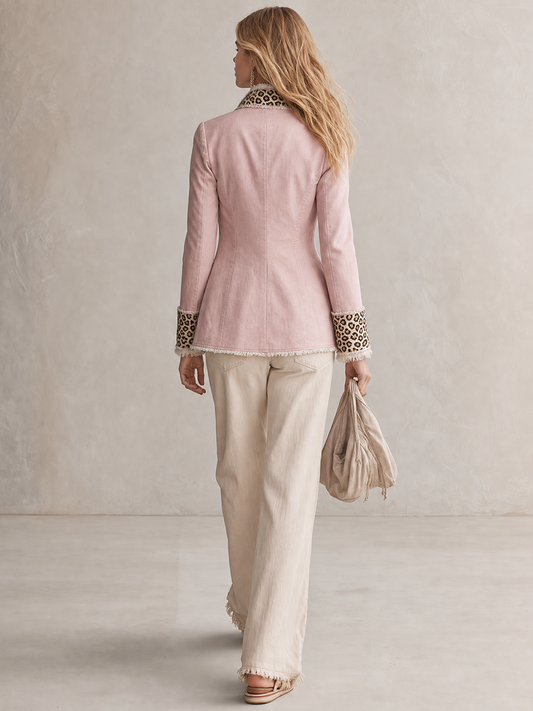 Pina&Noir | Hafif Lüks Leopar Panelli Ham Kenarlı Kot Blazer