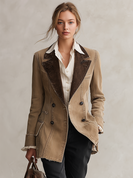 Pina&Noir | Amerikan Vintage Süet Kontrast Yaka Panelli Kot Blazer