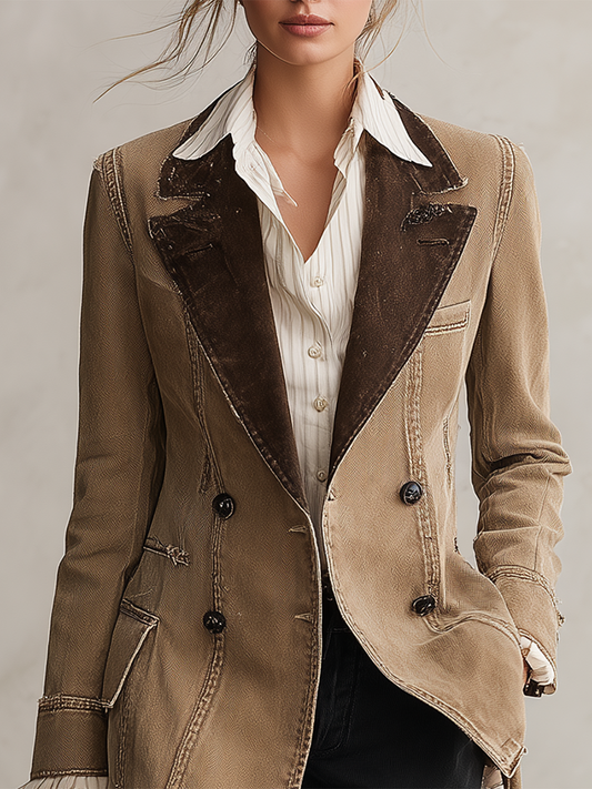 Pina&Noir | Amerikan Vintage Süet Kontrast Yaka Panelli Kot Blazer