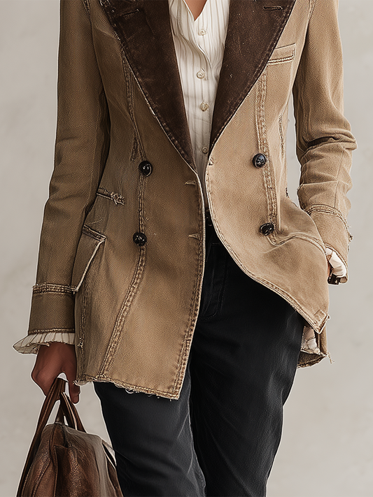 Pina&Noir | Amerikan Vintage Süet Kontrast Yaka Panelli Kot Blazer