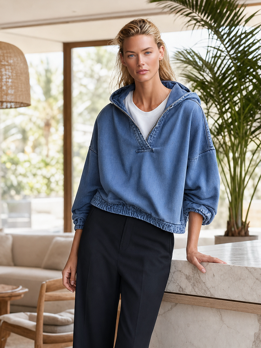 Pina&Noir | Amerikan Kapüşonlu Yarım Fermuarlı Bol Kesim Crop Kot Sweatshirt