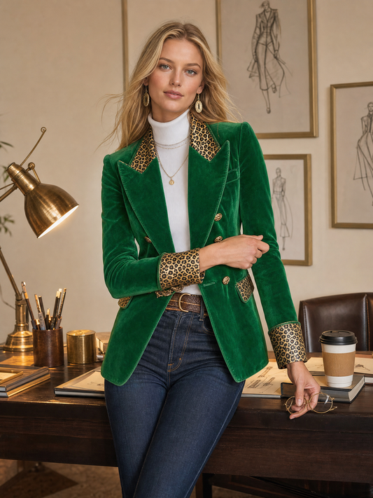Pina&Noir | Zümrüt Yeşili Kadife Leopar Biyeli Sivri Yakalı Kruvaze Altın Düğmeli Vücuda Oturan Blazer
